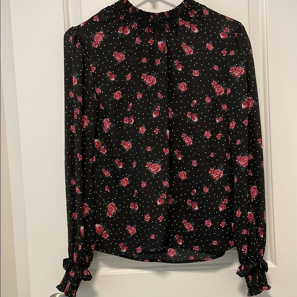 Black Ruffled Long Sleeve Blouse with Mandarin Collar